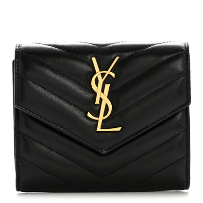 Saint Laurent Lambskin Matelasse Chevron Monogram Compact Tri Fold Wallet Black 1 of 11