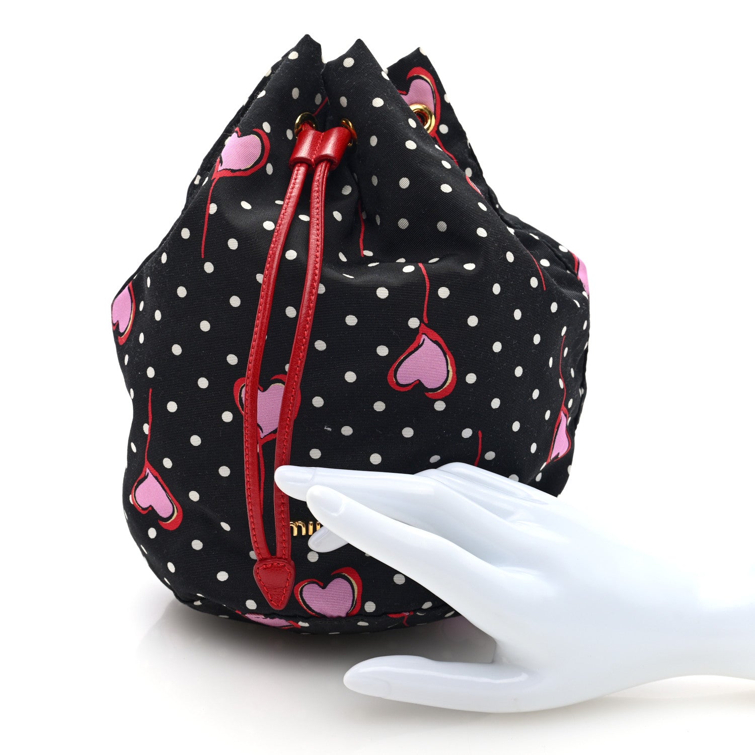 Miu Miu Nylon Polka Dots Heart Print Drawstring Pouch Black Multicolor 2 of 6