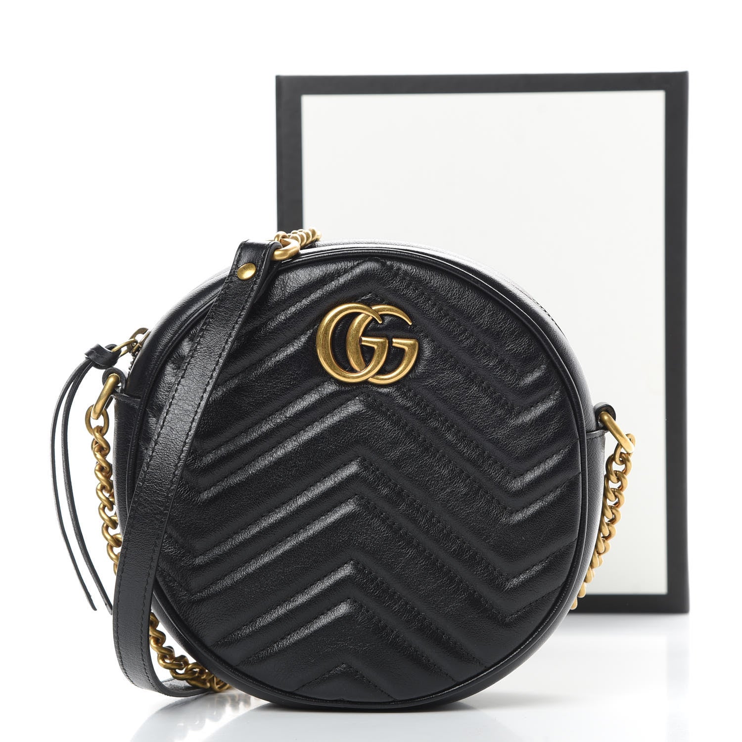 Gucci Azalea Calfskin Matelasse Heart Mini GG Marmont Round Shoulder Bag Black 12 of 12