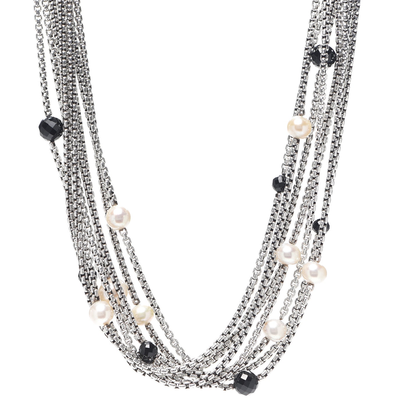 Sterling Silver 18K Yellow Gold Pearl Black Onyx Multi Strand Necklace