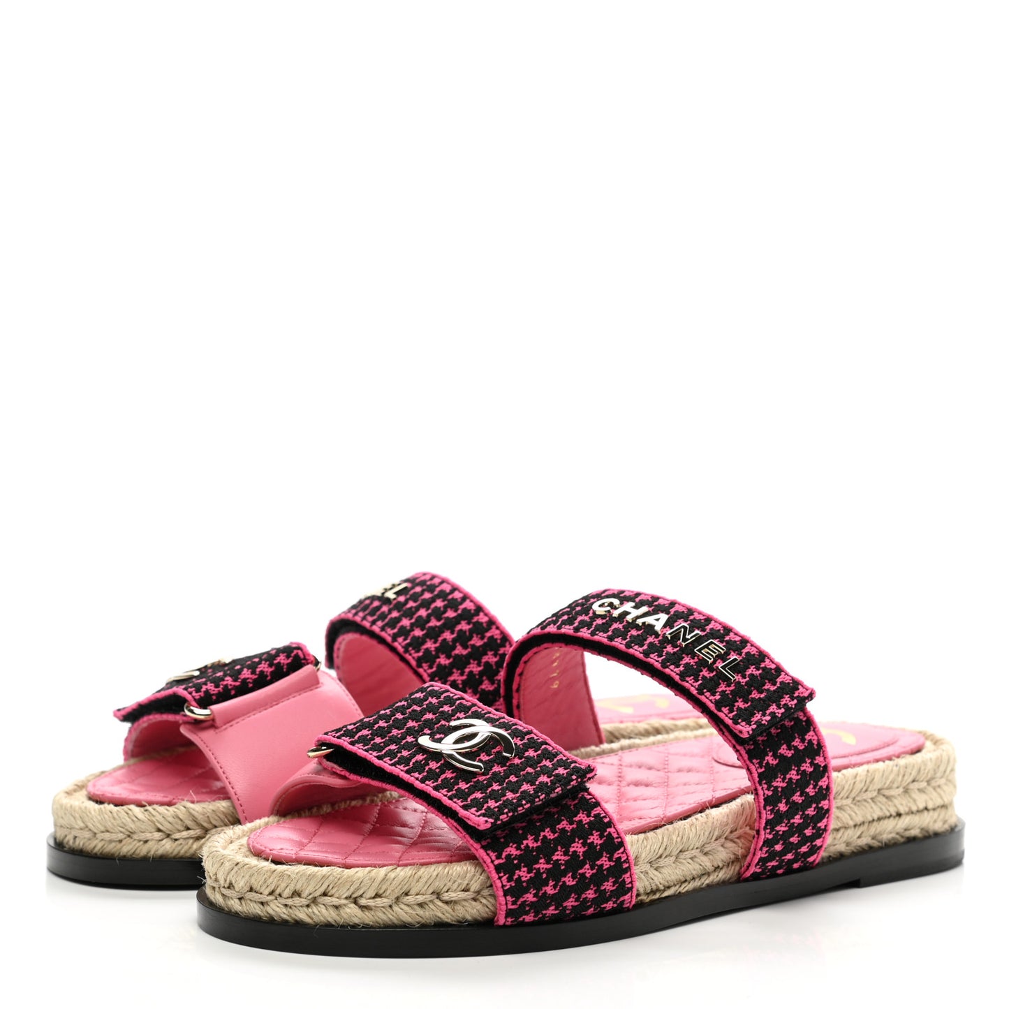 Stretch Fabric Lambskin CC Flat Sandals 37 Pink Black