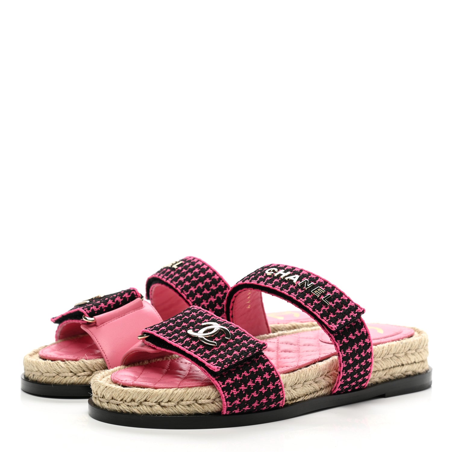 Chanel Stretch Fabric Lambskin CC Flat Sandals 37 Pink Black 3 of 10