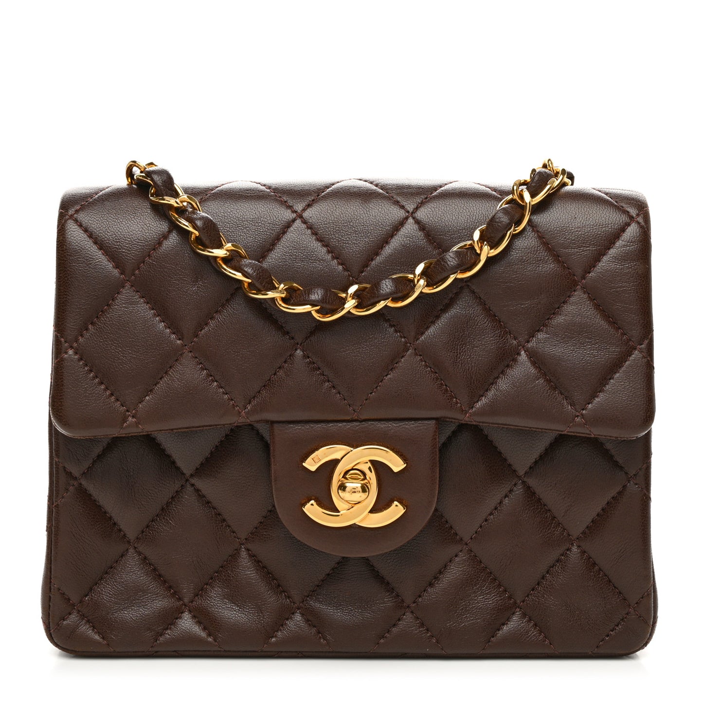 Lambskin Quilted Mini Square Flap Bag Dark Brown