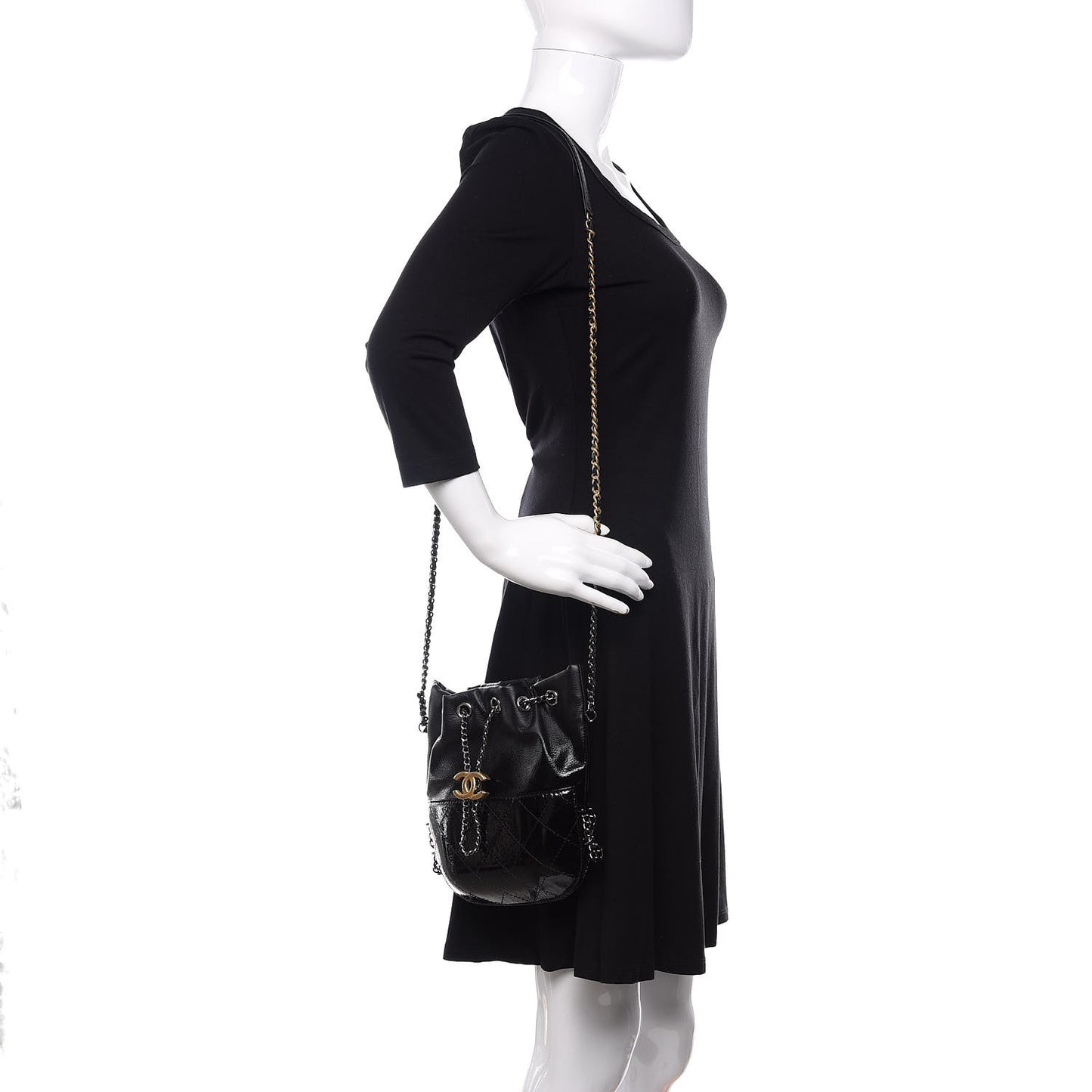 Patent Goatskin Quilted Small Gabrielle Bucket Black