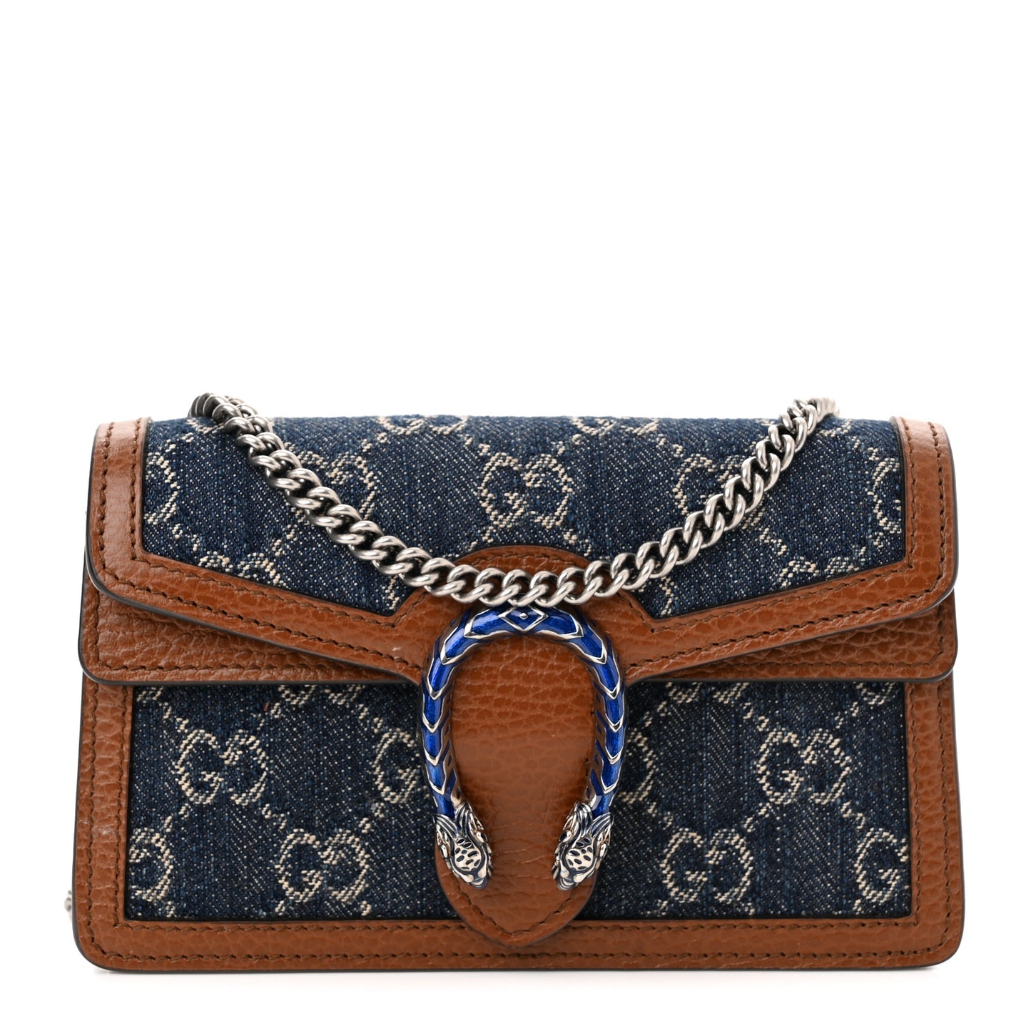 New Denim GG Monogram Dollar Calfskin Enamel Super Mini Dionysus Shoulder Bag Blue Tea Cuir Epilog Electric Blue