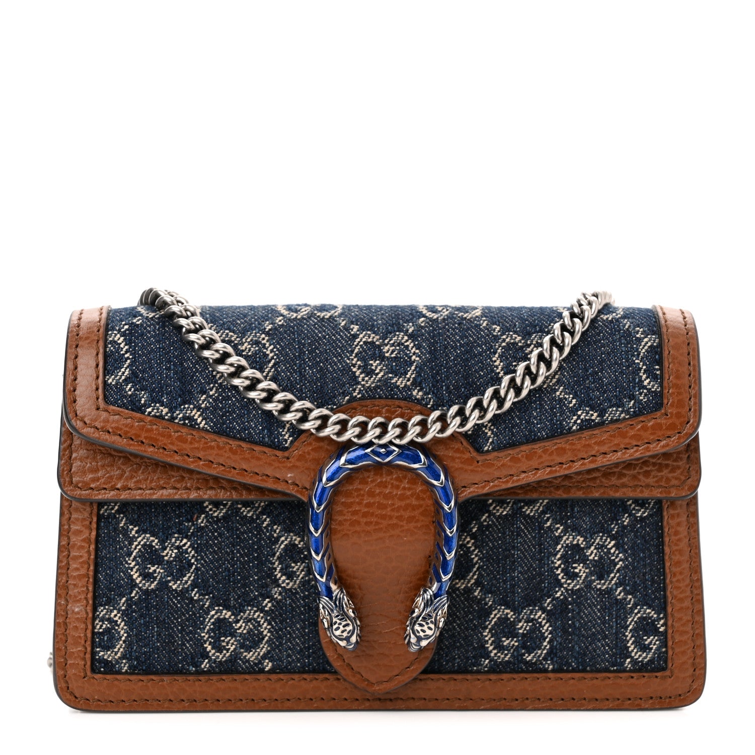 Gucci New Denim GG Monogram Dollar Calfskin Enamel Super Mini Dionysus Shoulder Bag Blue Tea Cuir Epilog Electric Blue 1 of 9