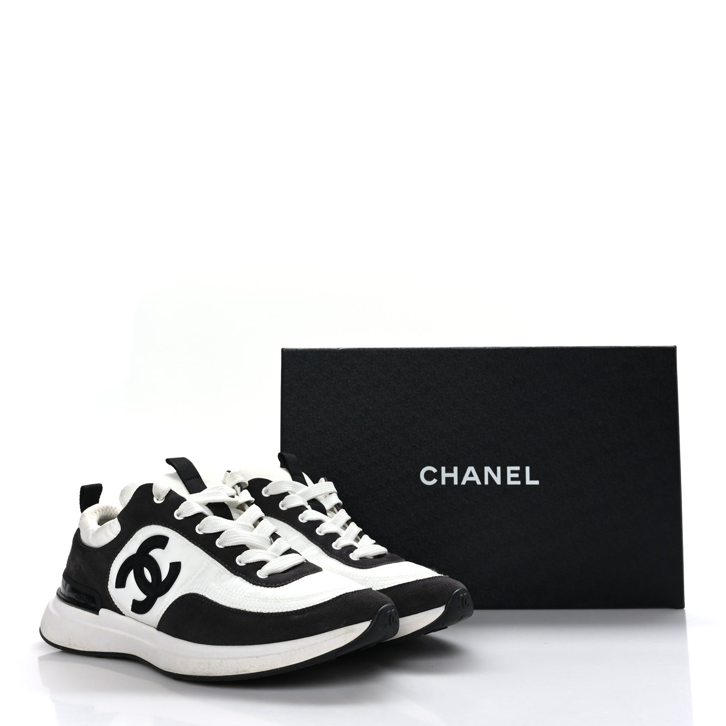 Nylon Suede Calfskin CC Sneakers 38.5 White Dark Grey