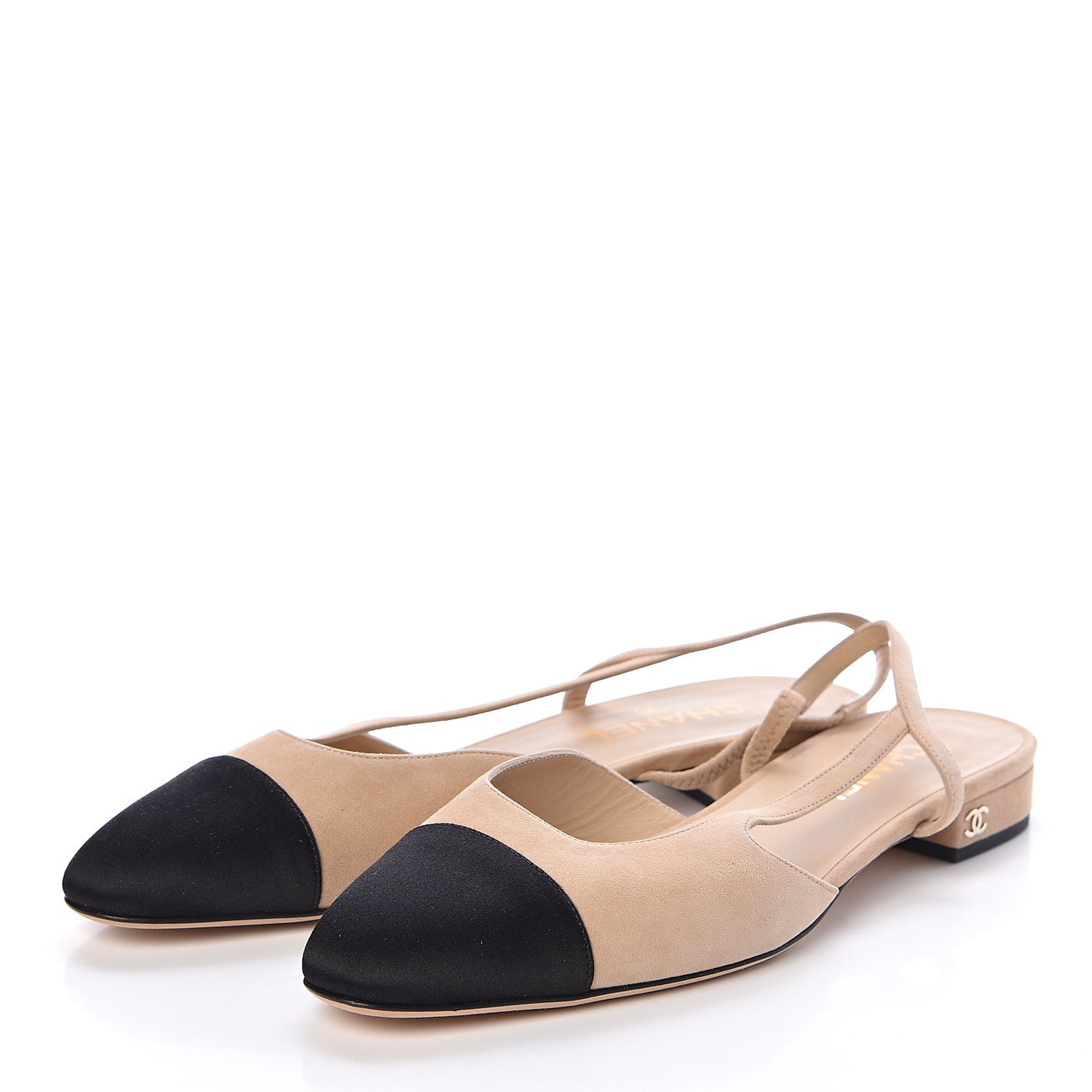 Kid Suede Satin Cap Toe CC Slingback Pumps 40.5 Beige Black