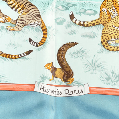 Hermes Silk Tendresse Feline Scarf 90 Vert De Gris Aqua Saumon 2 of 3