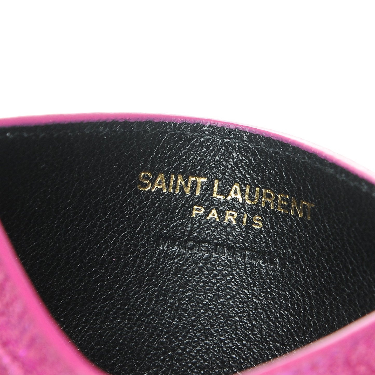 Metallic Crackled Calfskin Matelasse Chevron Monogram Credit Card Case Fuchsia