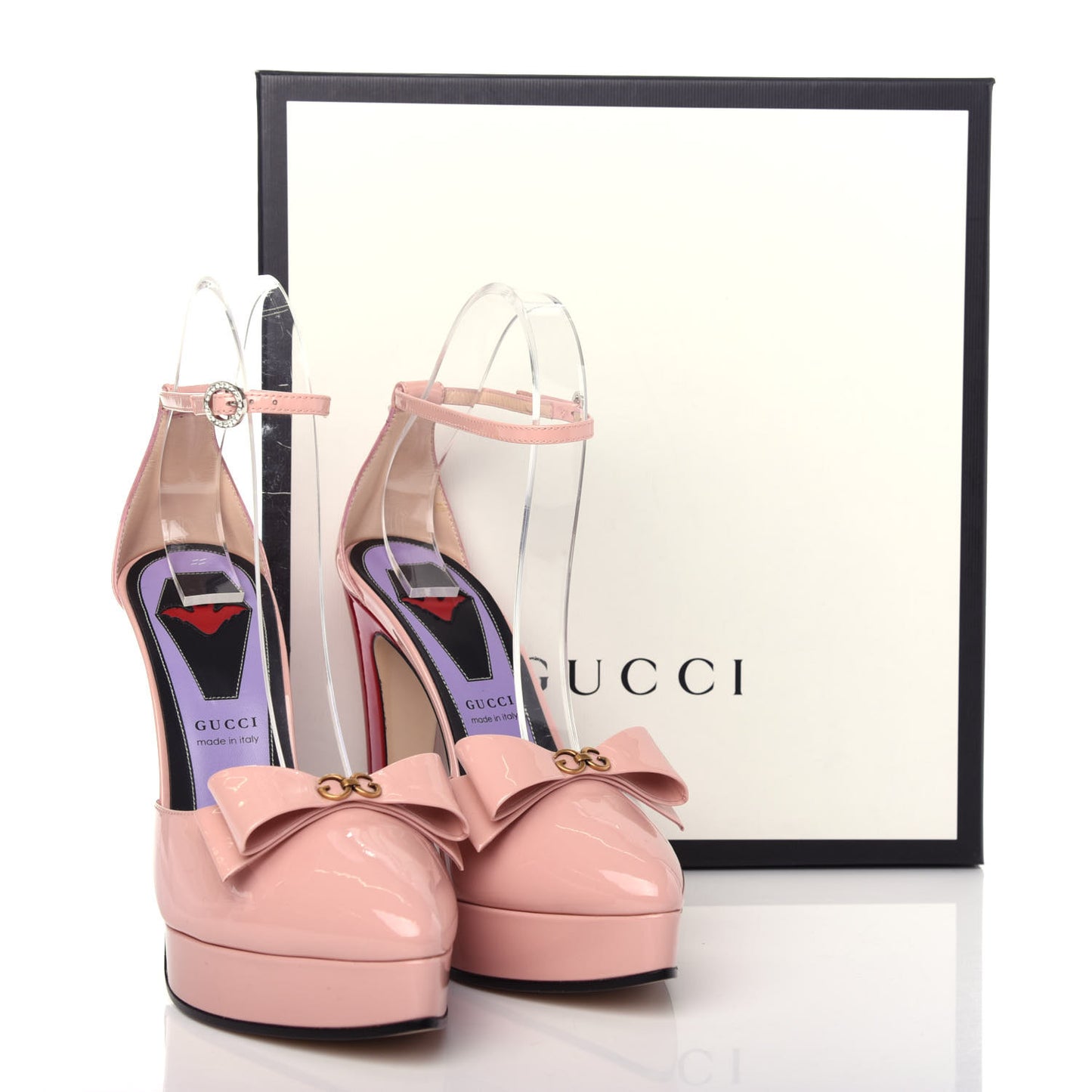 Patent Crystal GG Bow Sadie Spike Ankle Strap d'Orsay Platform High Heel Pumps 37.5 Perfect Pink