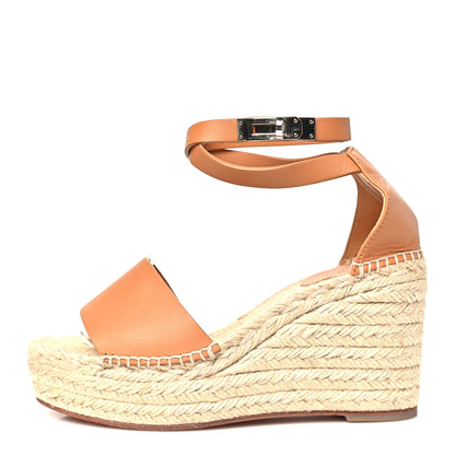 Hermes Calfskin Tipoli Espadrille Wedge Sandals 37 Gold 1 of 8