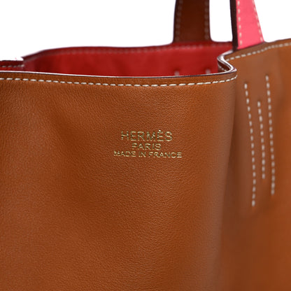 Hermes Veau Sikkim Swift Double Sens 30 Reversible Tote Gold Rose Azalee Rouge Casaque Brique 12 of 14