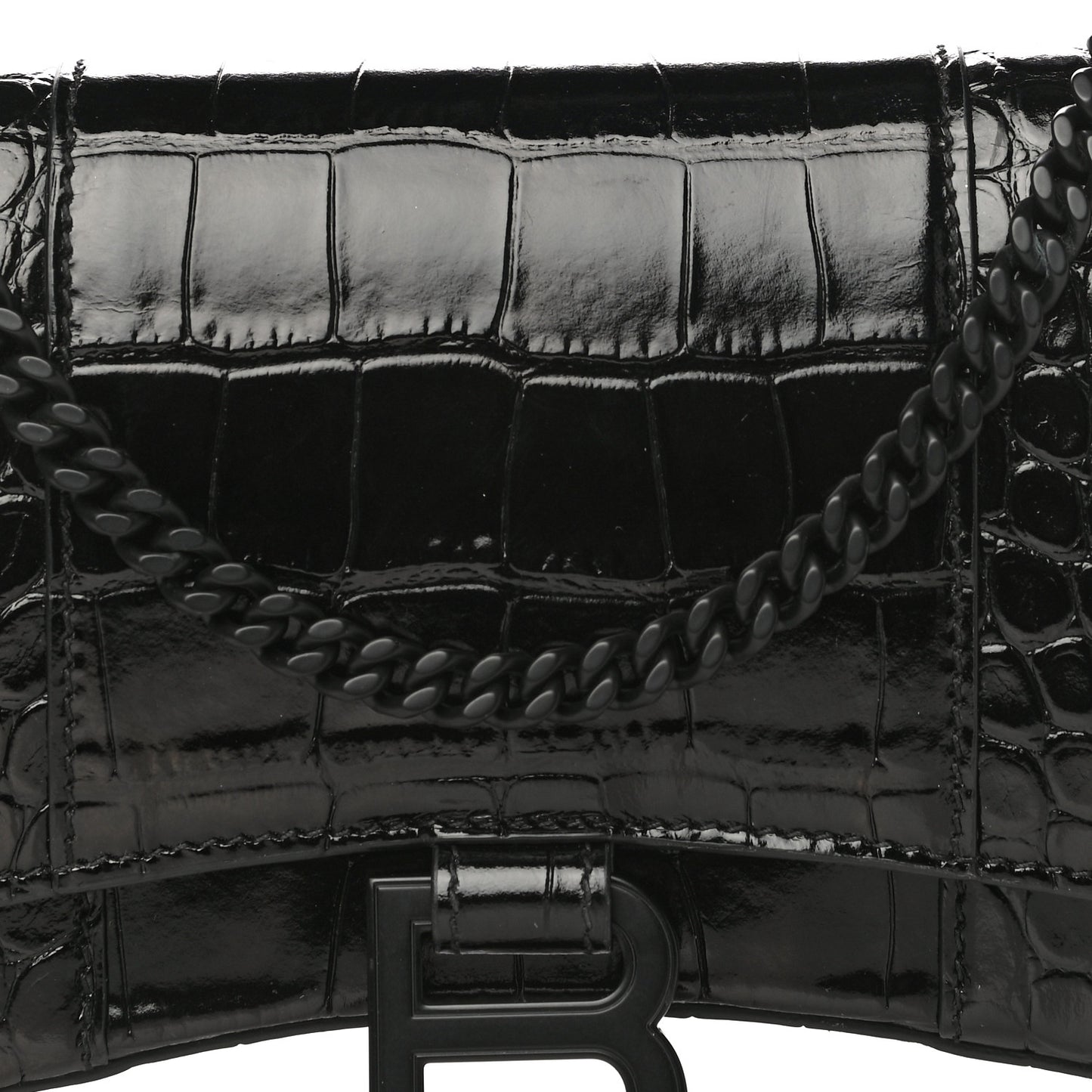 Shiny Calfskin Monochrome Crocodile Embossed Hourglass Chain Bag Black