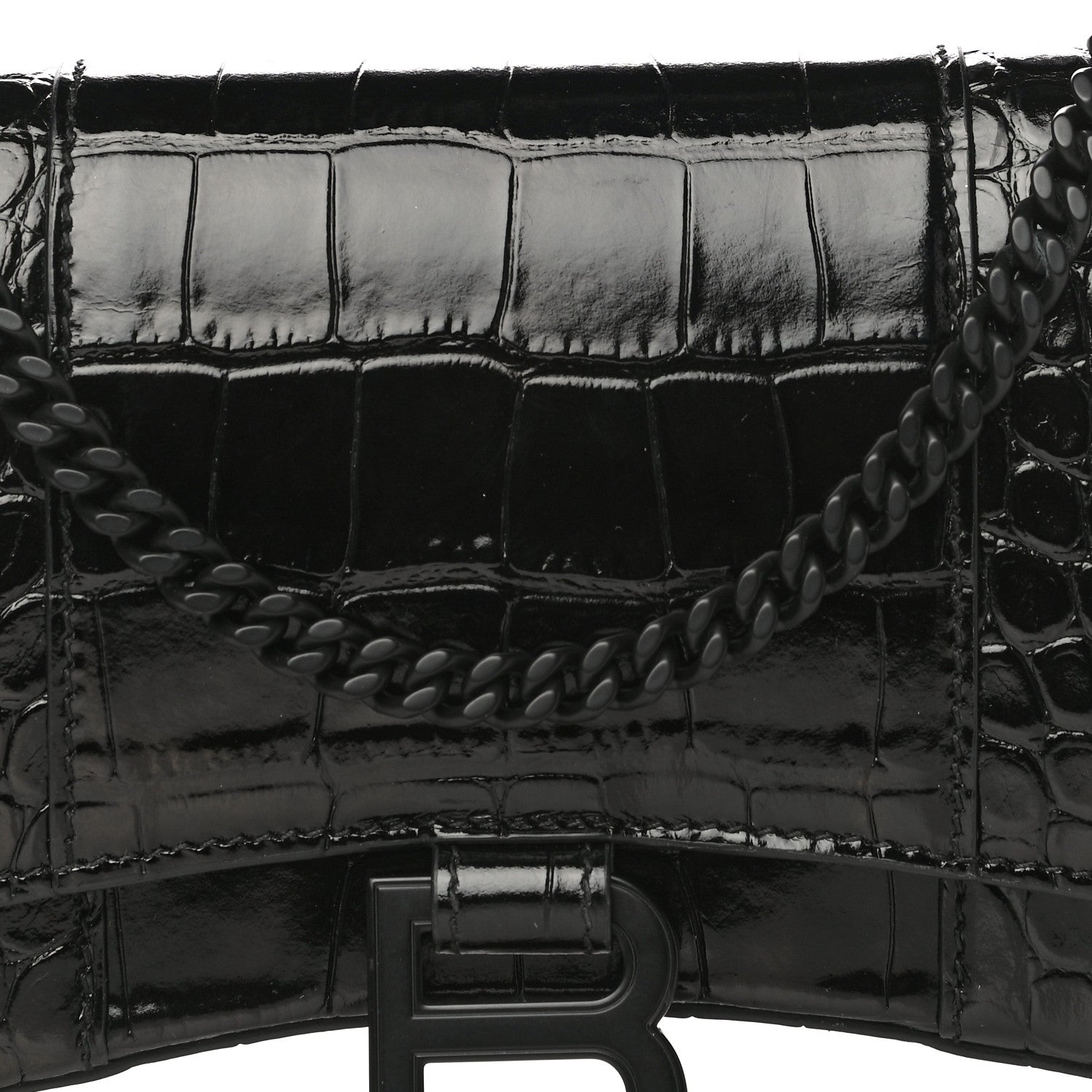 Balenciaga Shiny Calfskin Monochrome Crocodile Embossed Hourglass Chain Bag Black 6 of 15
