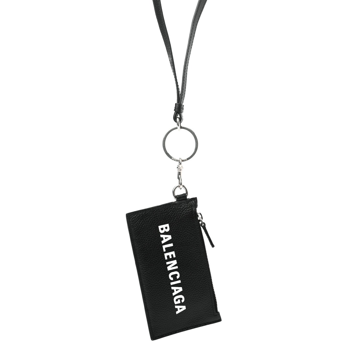 Balenciaga Grained Calfskin Logo Cash Coin Card Holder On Keychain Black White 3 of 7