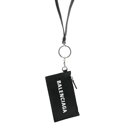 Balenciaga Grained Calfskin Logo Cash Coin Card Holder On Keychain Black White 3 of 7