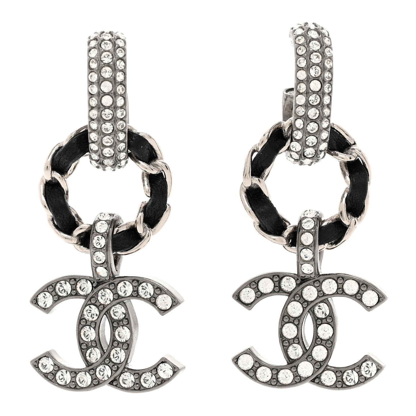 Ruthenium Lambskin Crystal CC Dangle Earrings Silver Black