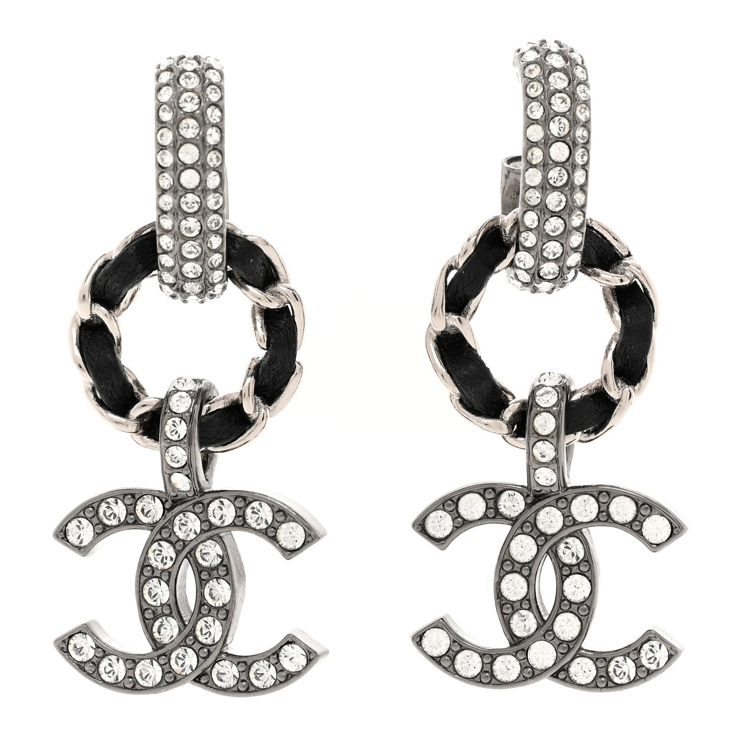 Chanel Ruthenium Lambskin Crystal CC Dangle Earrings Silver Black 1 of 4