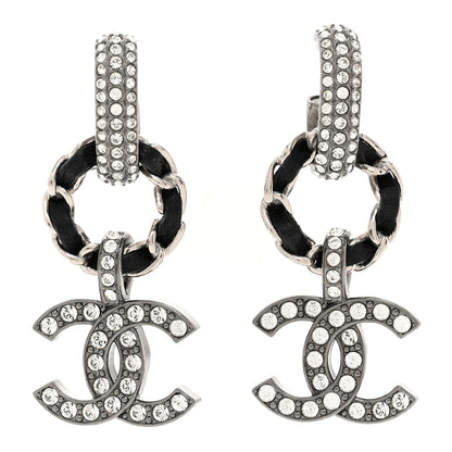 Chanel Ruthenium Lambskin Crystal CC Dangle Earrings Silver Black 1 of 4