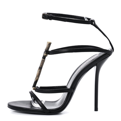 Saint Laurent Sheepskin Cassandra Bamboo Logo 110 Ankle Strap Sandals 36 Black 1 of 7