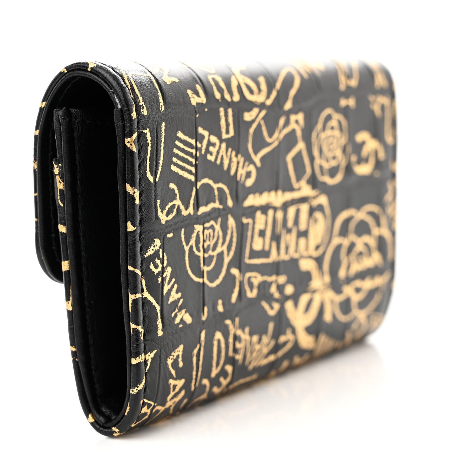 Chanel Calfskin Crocodile Embossed Graffiti 2.55 Cocodile Reissue Flap Card Holder Black Gold 3 of 9