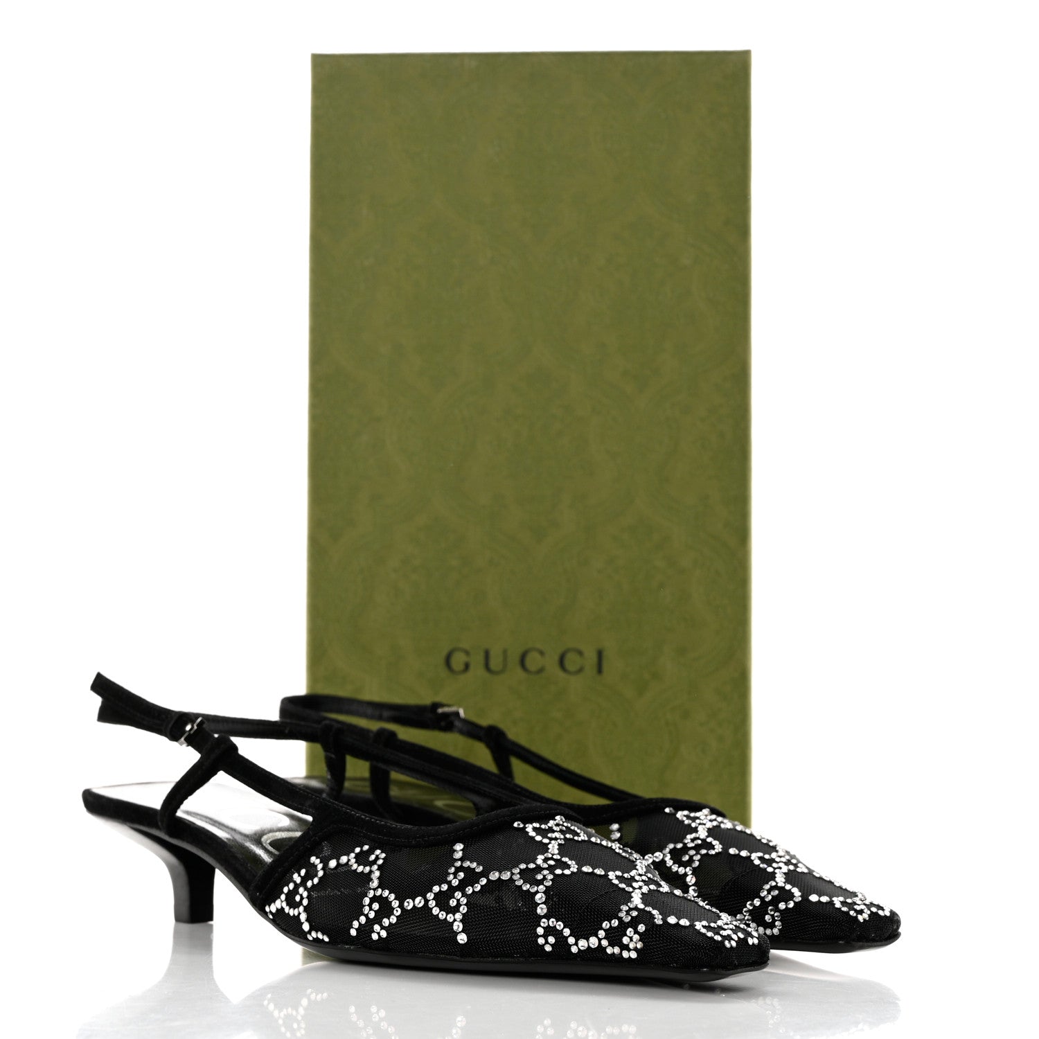 Gucci Suede Mesh Crystal GG Monogram Slingback Pumps 37.5 Black 9 of 9