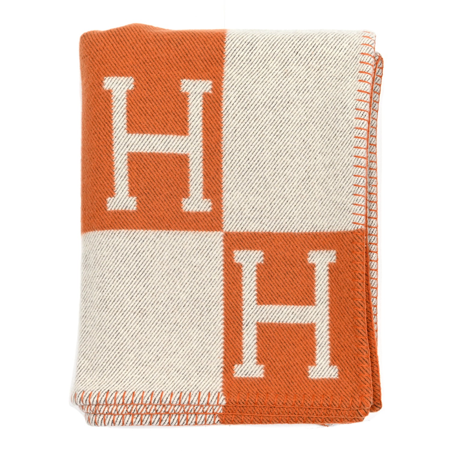 Hermes Wool Cashmere Signature Classic Avalon Blanket Ecru Potiron 1 of 3