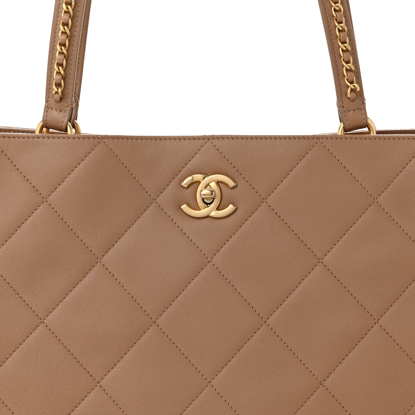 Calfskin Quilted Chain Shopping Tote Beige