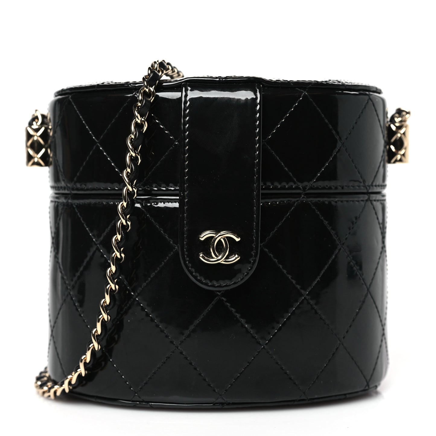 Patent Quilted Round Clutch With Chain Black
