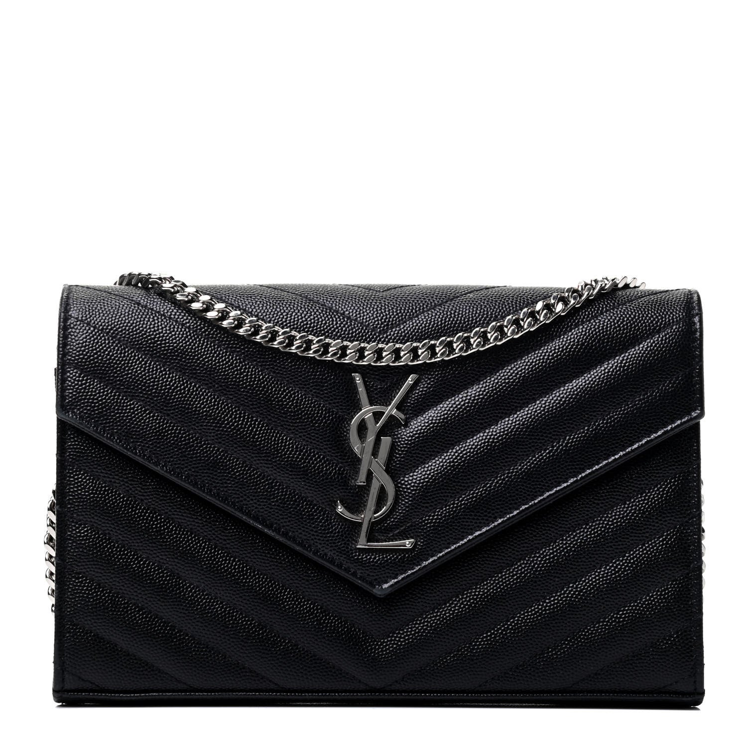 Saint Laurent Grain De Poudre Matelasse Chevron Monogram Chain Wallet Black 1 of 4