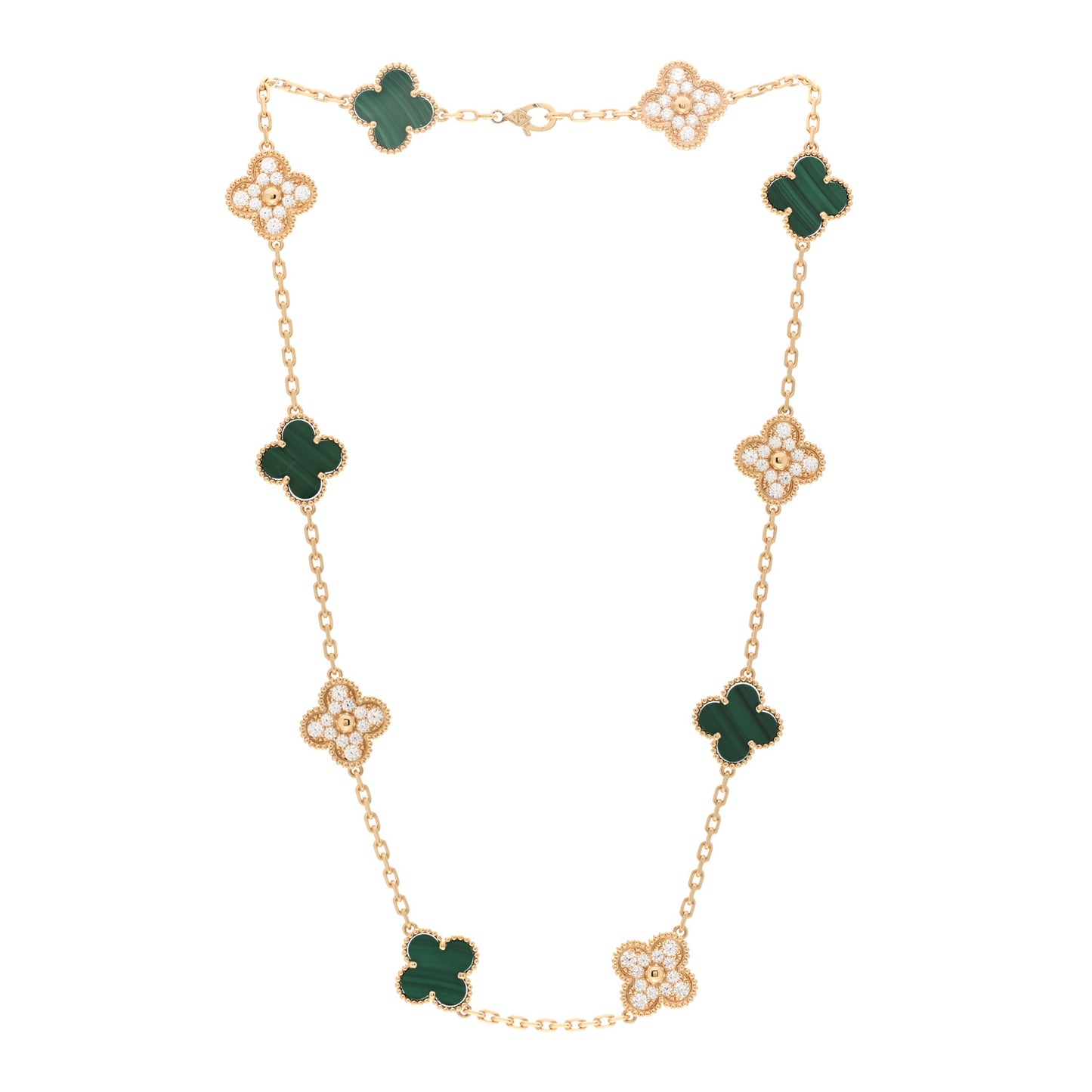 18K Yellow Gold Diamond Malachite 10 Motifs Vintage Alhambra Necklace