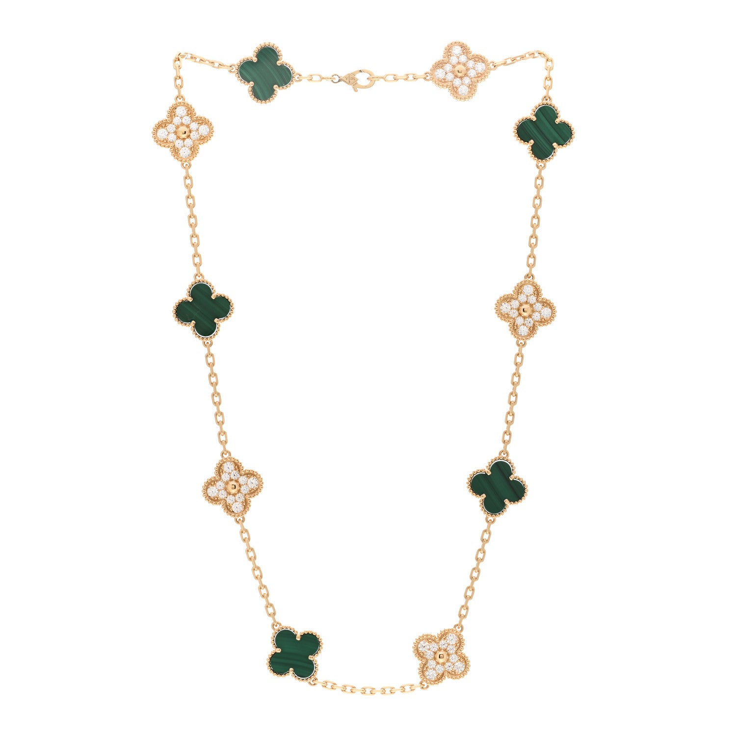Van Cleef & Arpels 18K Yellow Gold Diamond Malachite 10 Motifs Vintage Alhambra Necklace 3 of 5