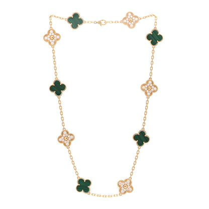 Van Cleef & Arpels 18K Yellow Gold Diamond Malachite 10 Motifs Vintage Alhambra Necklace 3 of 5