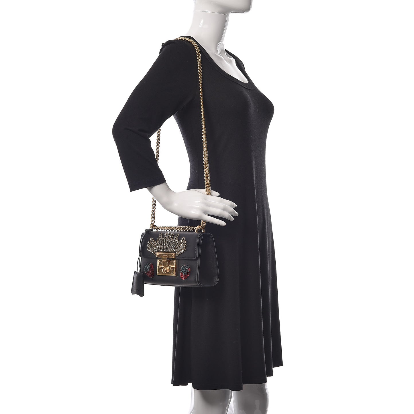 Calfskin Strawberry Embroidered Small Padlock Shoulder Bag Black