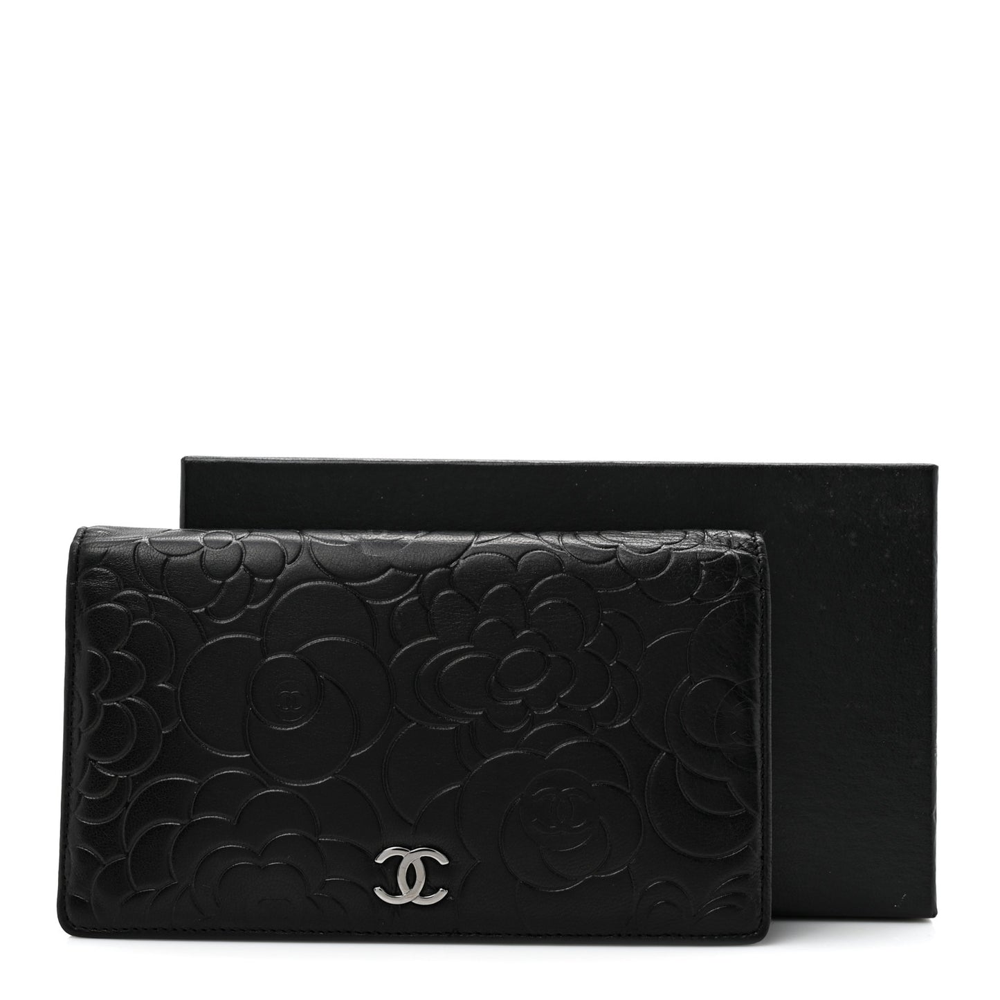 Lambskin Camellia Embossed Yen Wallet Black
