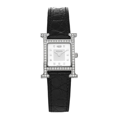 Hermes Stainless Steel Alligator Diamond Bezel Mother of Pearl 21mm Heure H Hour Quartz Watch Noir 1 of 5