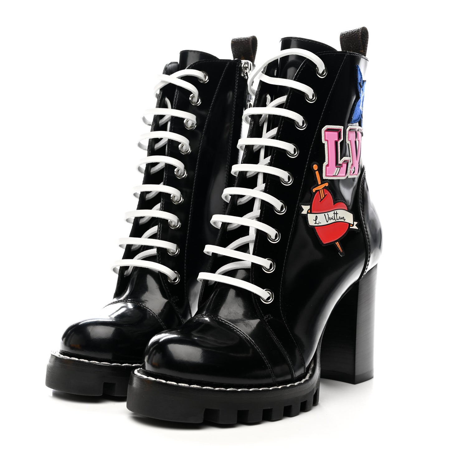 Patent Calfskin Monogram LV Black Heart Star Trail Ankle Boots 35 Black