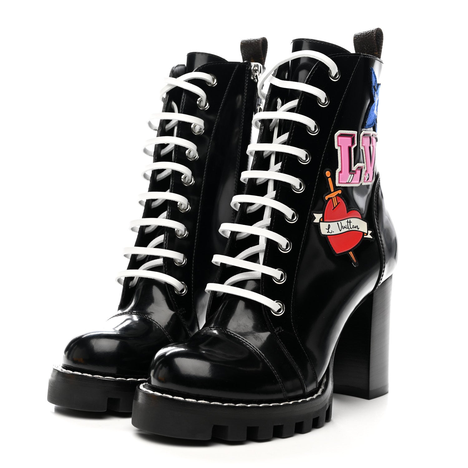 Louis Vuitton Patent Calfskin Monogram LV Black Heart Star Trail Ankle Boots 35 Black 4 of 9