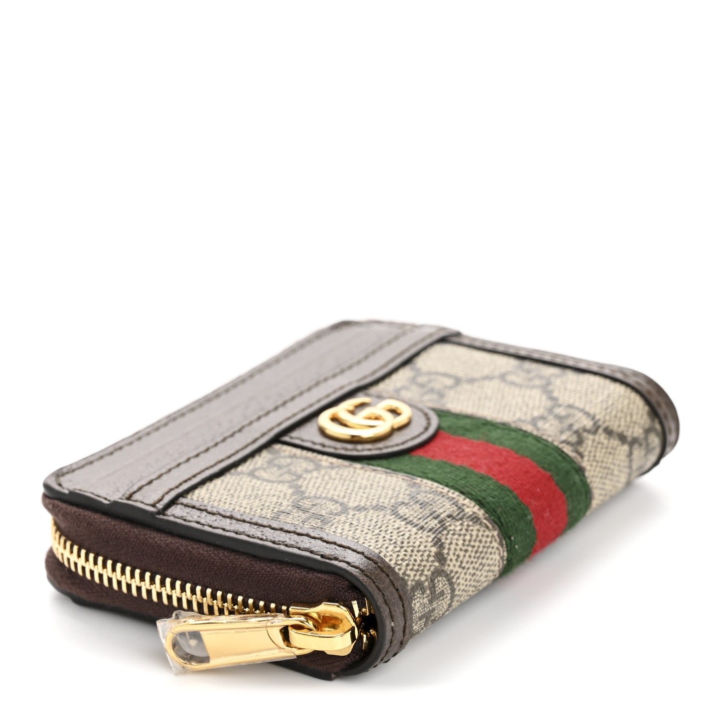 GG Supreme Monogram Textured Dollar Calfskin Web Ophidia Zip Around Card Case Wallet Beige Ebony New Acero