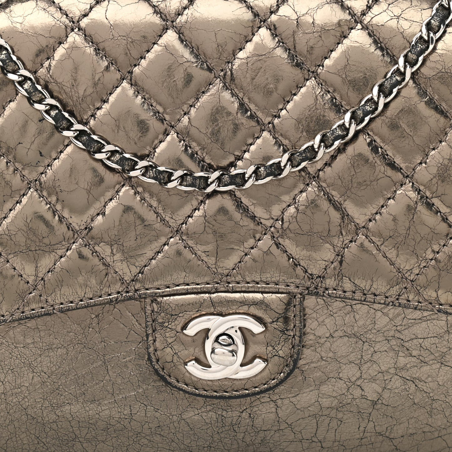 Metallic Crackled Calfskin Medium Clam's Pocket Flap Dark Silver