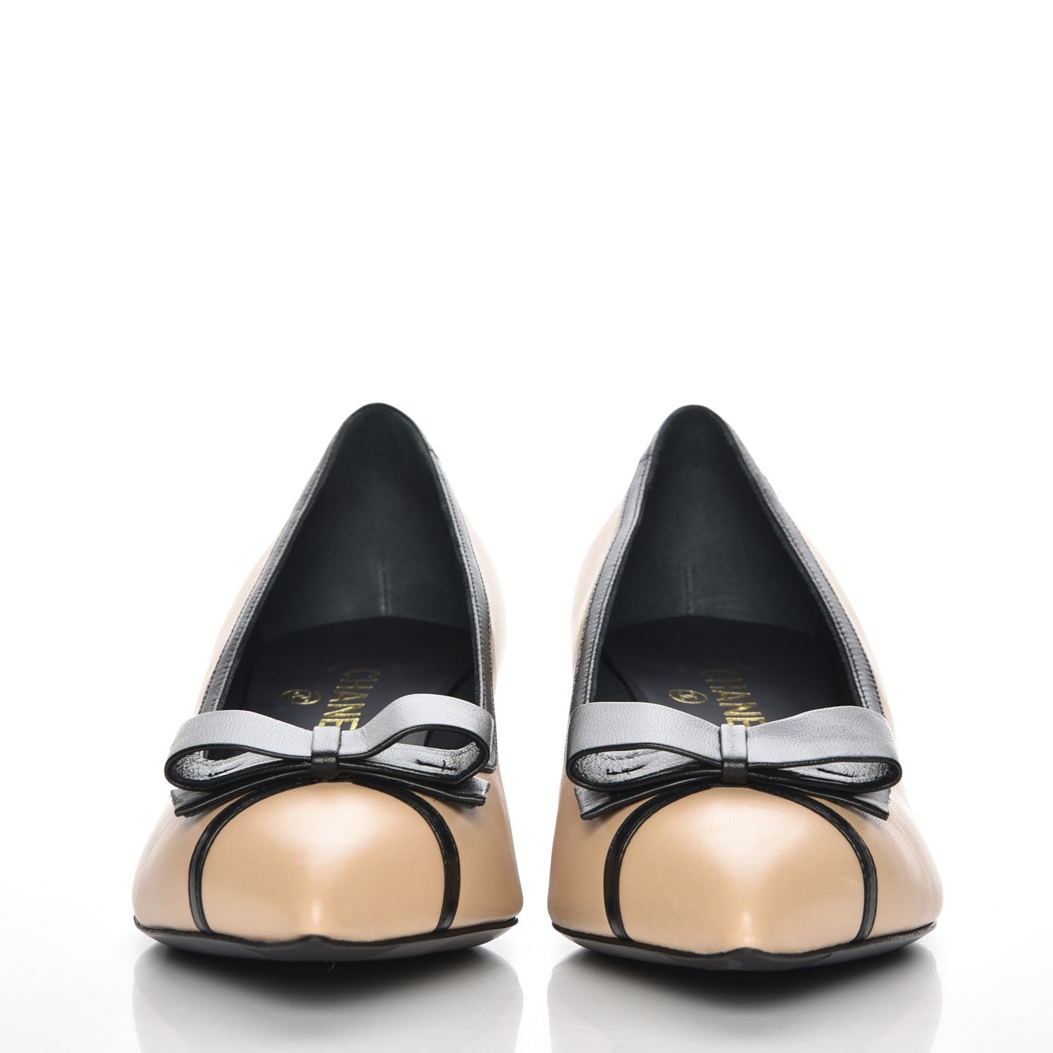 Chanel Lambskin Bow Pointed Toe Pumps 39.5 Beige Black 2 of 9