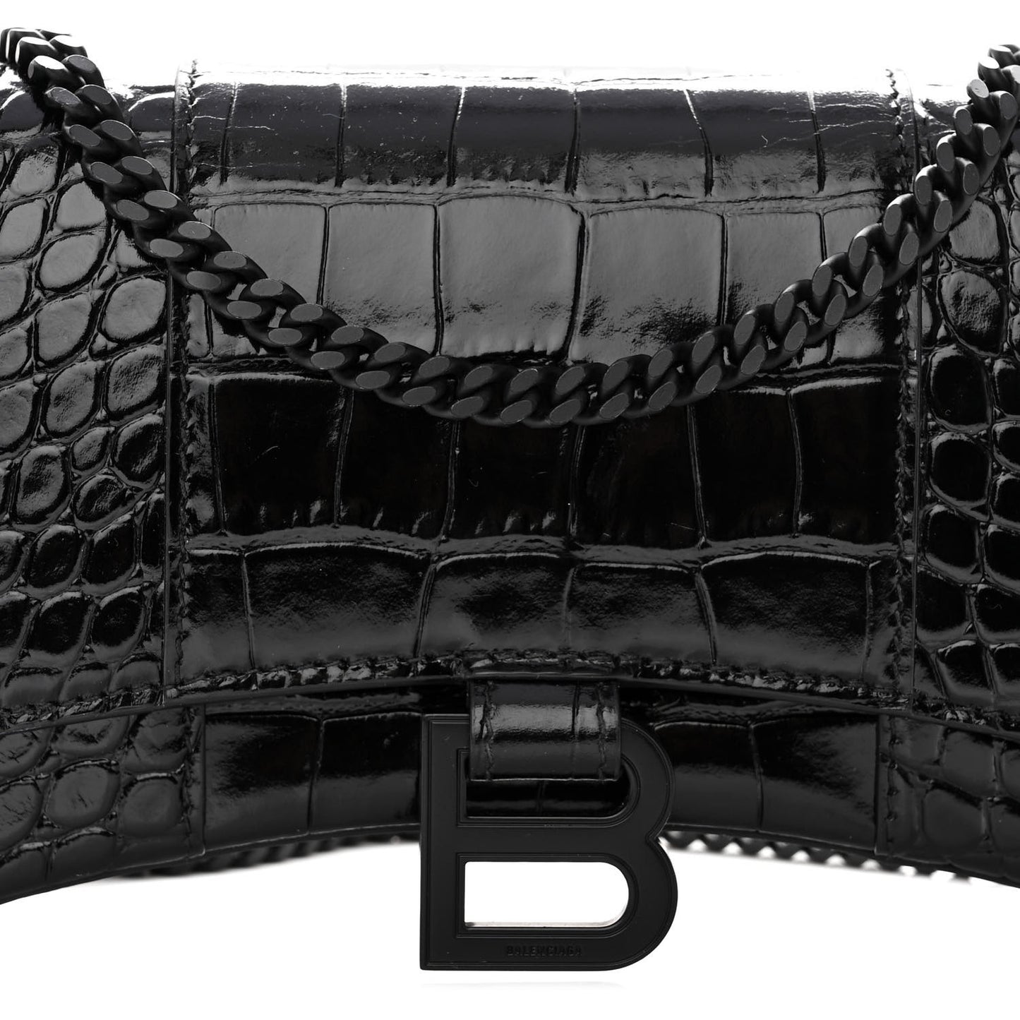 Shiny Calfskin Monochrome Crocodile Embossed Hourglass Chain Bag Black