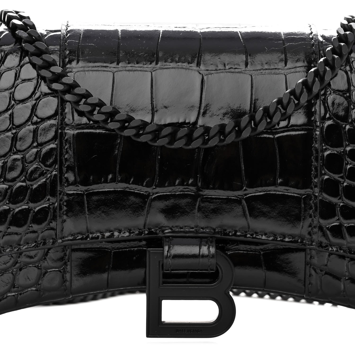 Balenciaga Shiny Calfskin Monochrome Crocodile Embossed Hourglass Chain Bag Black 7 of 9