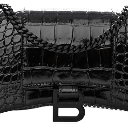 Balenciaga Shiny Calfskin Monochrome Crocodile Embossed Hourglass Chain Bag Black 7 of 9