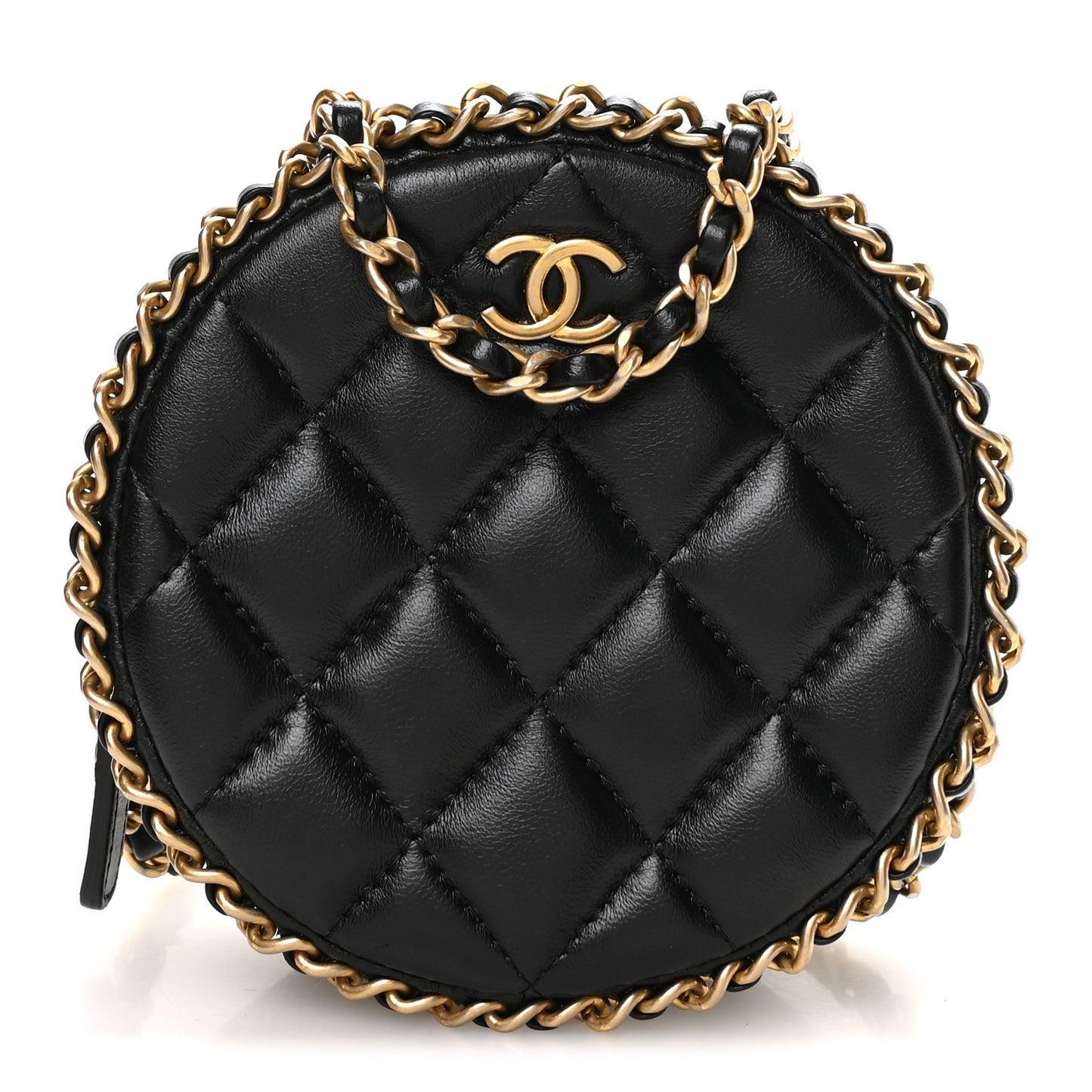 Lambskin Quilted Chain Around CC Round Clutch With Chain Black