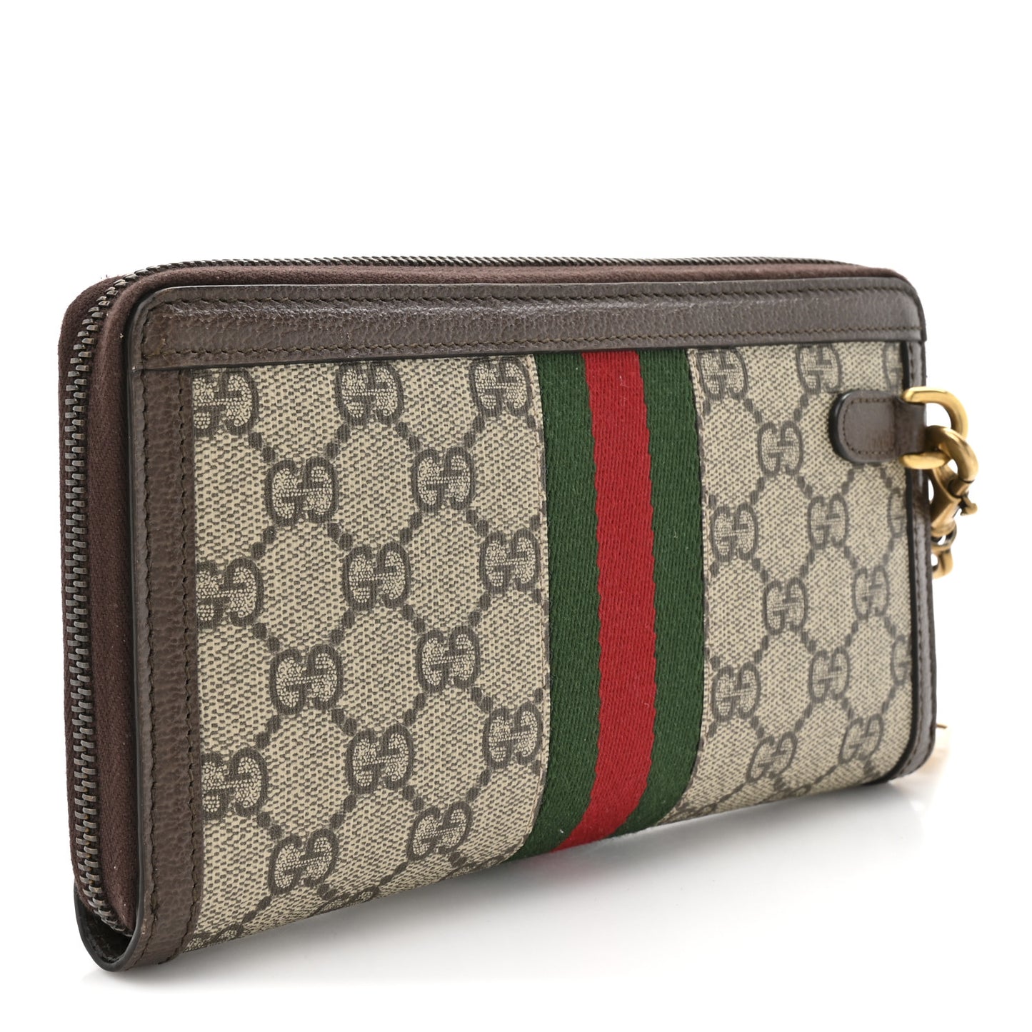 GG Supreme Monogram Web Ophidia Zip Around Phone Holder Wristlet Wallet Brown