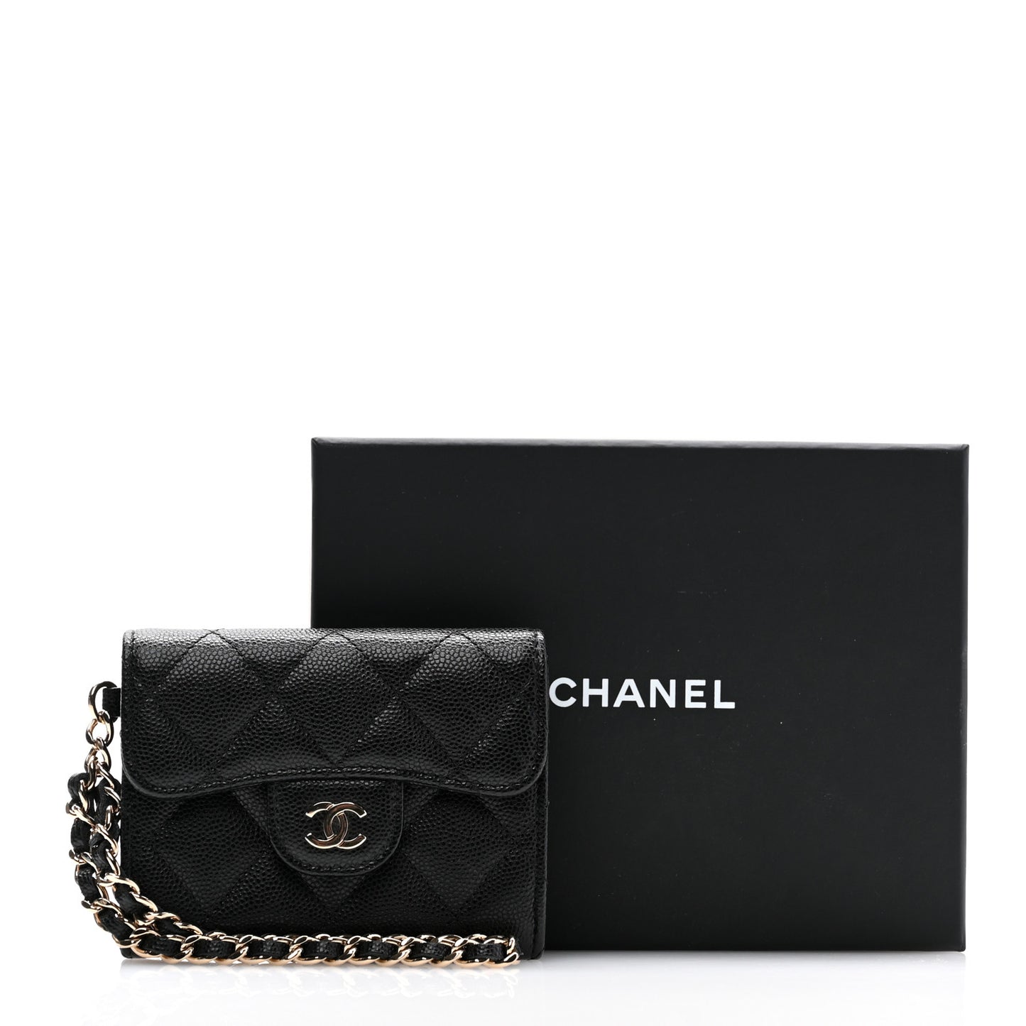 Caviar Quilted Flap Card Holder Chain Wristlet Black