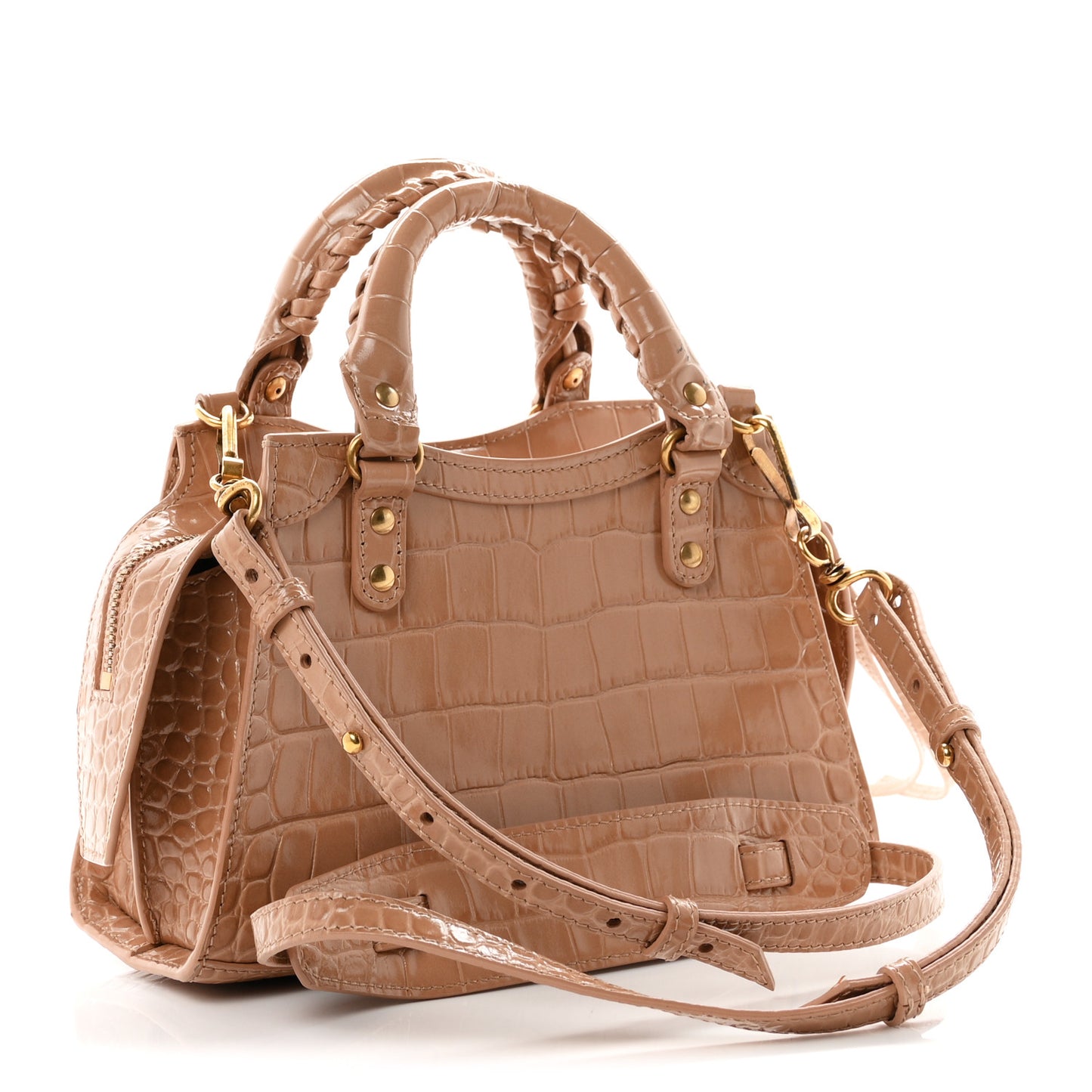 Shiny Supple Calfskin Crocodile Embossed Neo Classic Gold Hardware Mini City Nude Beige