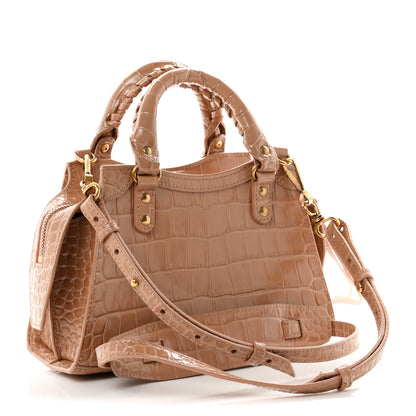 Balenciaga Shiny Supple Calfskin Crocodile Embossed Neo Classic Gold Hardware Mini City Nude Beige 5 of 9
